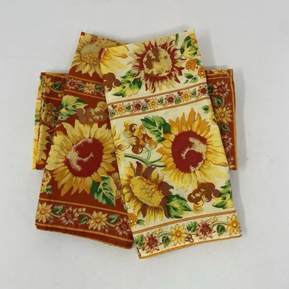 Vtg Handmade Sunflower Cloth Napkin SET‎ of 5 Fall Harvest Autumn 23 x 23